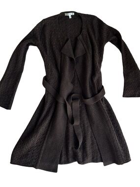 Dark Brown Ribbed Open-Front Belted Wool Cardigan